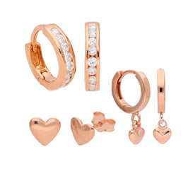 Ensemble de boucles d'oreilles créoles et clous en argent sterling plaqué or rose avec zircones cubiques et cœurs