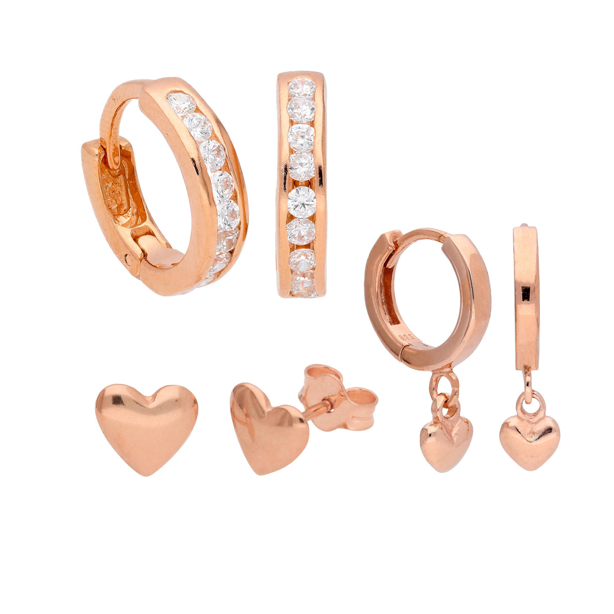 Ensemble de boucles d'oreilles créoles et clous en argent sterling plaqué or rose avec zircones cubiques et cœurs