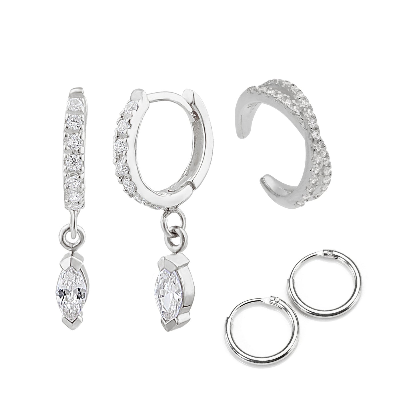 Ensemble de boucles d'oreilles créoles et manchettes croisées en argent sterling avec breloques en zircone cubique
