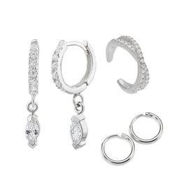 Ensemble de boucles d'oreilles créoles et manchettes croisées en argent sterling avec breloques en zircone cubique