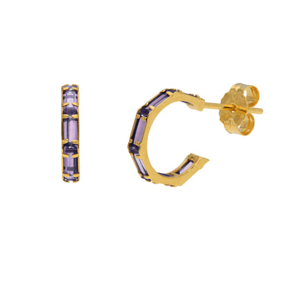 Boucles d'oreilles créoles baguettes en or 9 carats avec pierre de naissance et zircone cubique