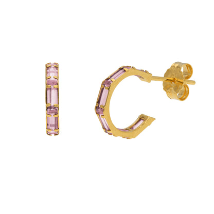 Boucles d'oreilles créoles baguettes en or 9 carats avec pierre de naissance et zircone cubique
