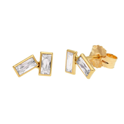 Boucles d'oreilles à tige double baguette en or 9 carats avec pierre de naissance et zircone cubique