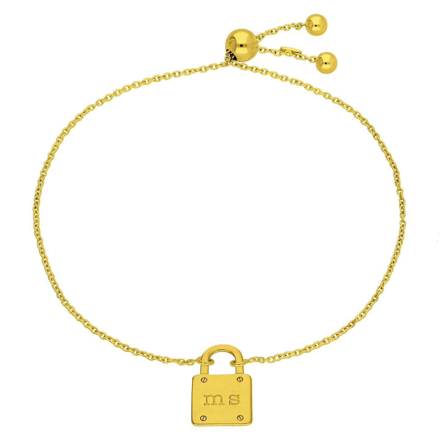 Bracelet ajustable sur mesure en argent sterling plaqué or avec cadenas et initiales