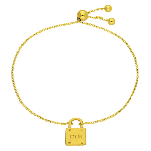 Bracelet ajustable sur mesure en argent sterling plaqué or avec cadenas et initiales