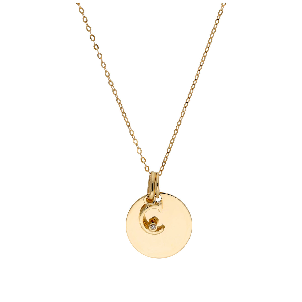 Collier en or 9 carats avec diamant 0,4 pt, lettre A à Z et médaille ronde à graver 40 - 50 cm