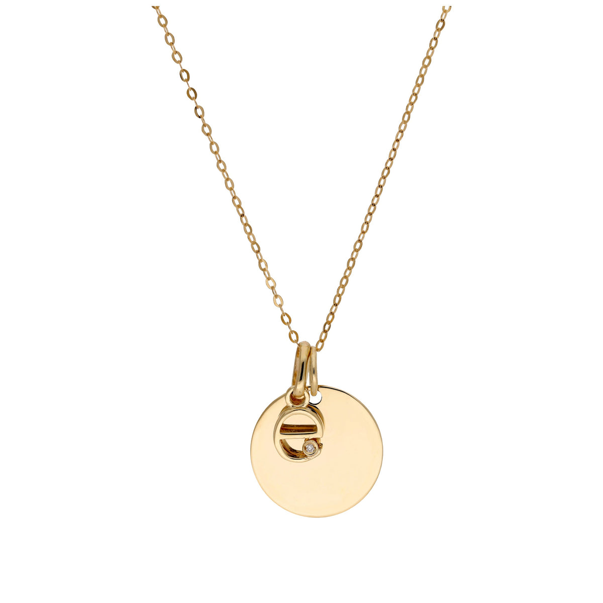 Collier en or 9 carats avec diamant 0,4 pt, lettre A à Z et médaille ronde à graver 40 - 50 cm