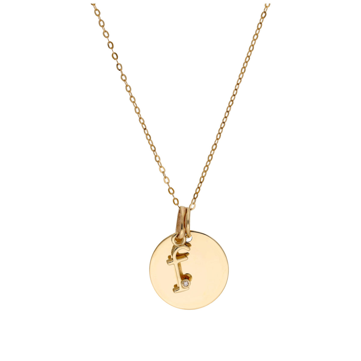 Collier en or 9 carats avec diamant 0,4 pt, lettre A à Z et médaille ronde à graver 40 - 50 cm