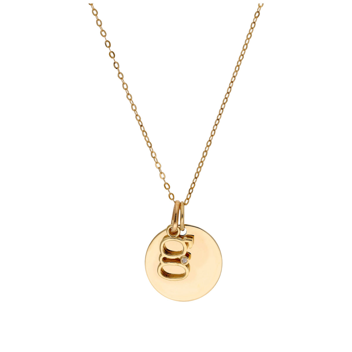 Collier en or 9 carats avec diamant 0,4 pt, lettre A à Z et médaille ronde à graver 40 - 50 cm