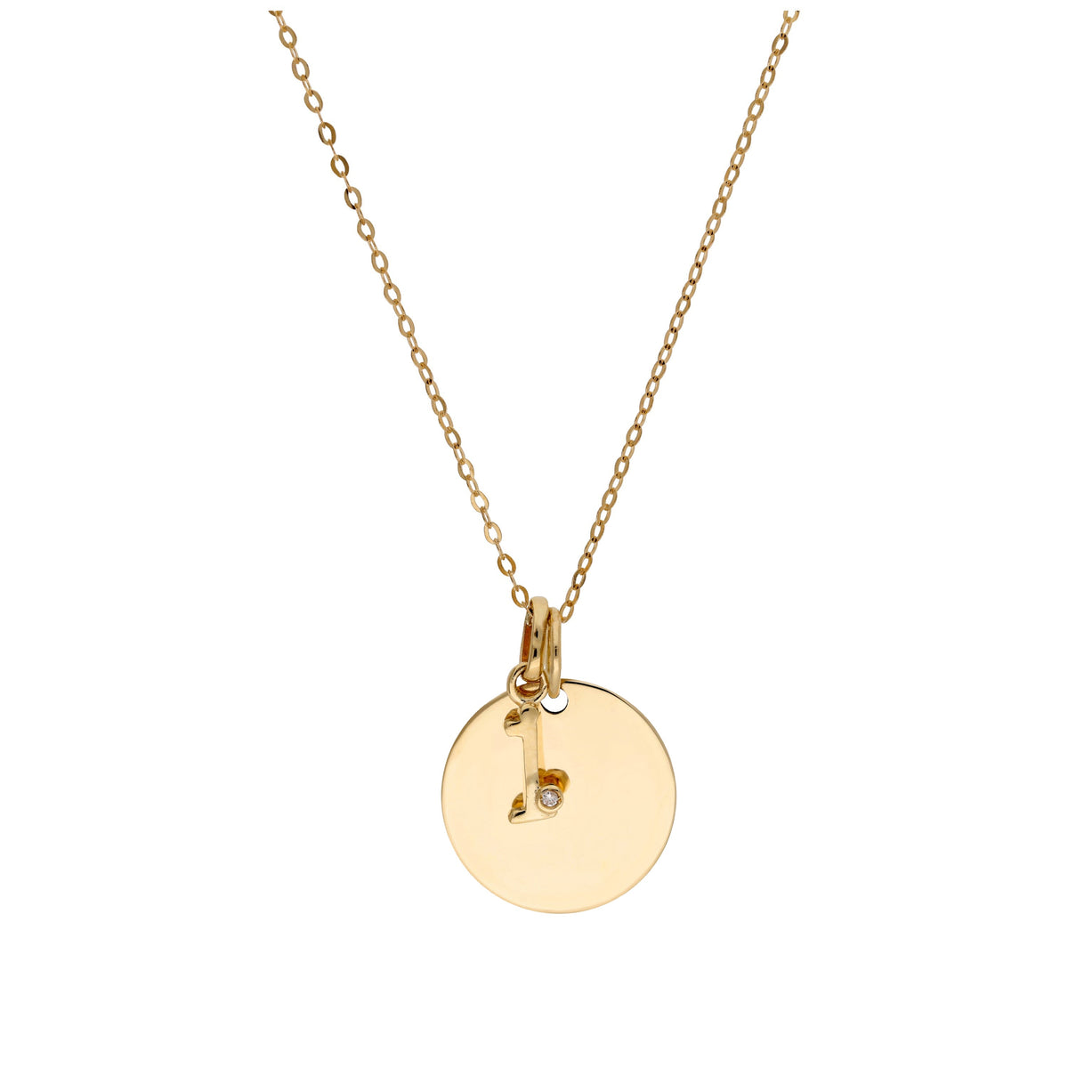 Collier en or 9 carats avec diamant 0,4 pt, lettre A à Z et médaille ronde à graver 40 - 50 cm