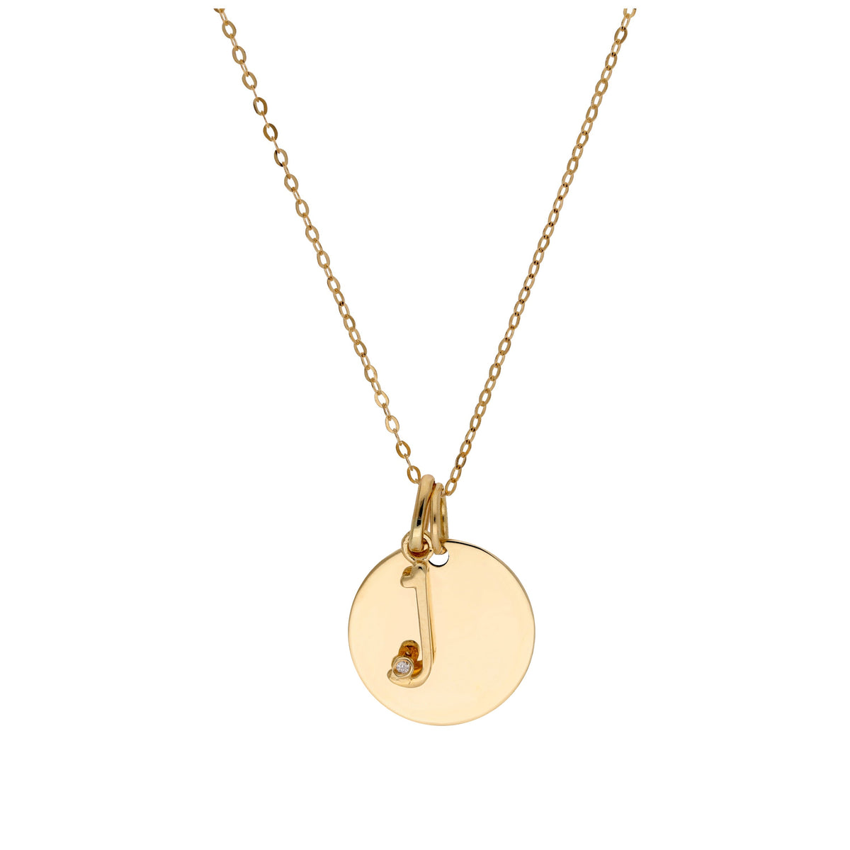 Collier en or 9 carats avec diamant 0,4 pt, lettre A à Z et médaille ronde à graver 40 - 50 cm