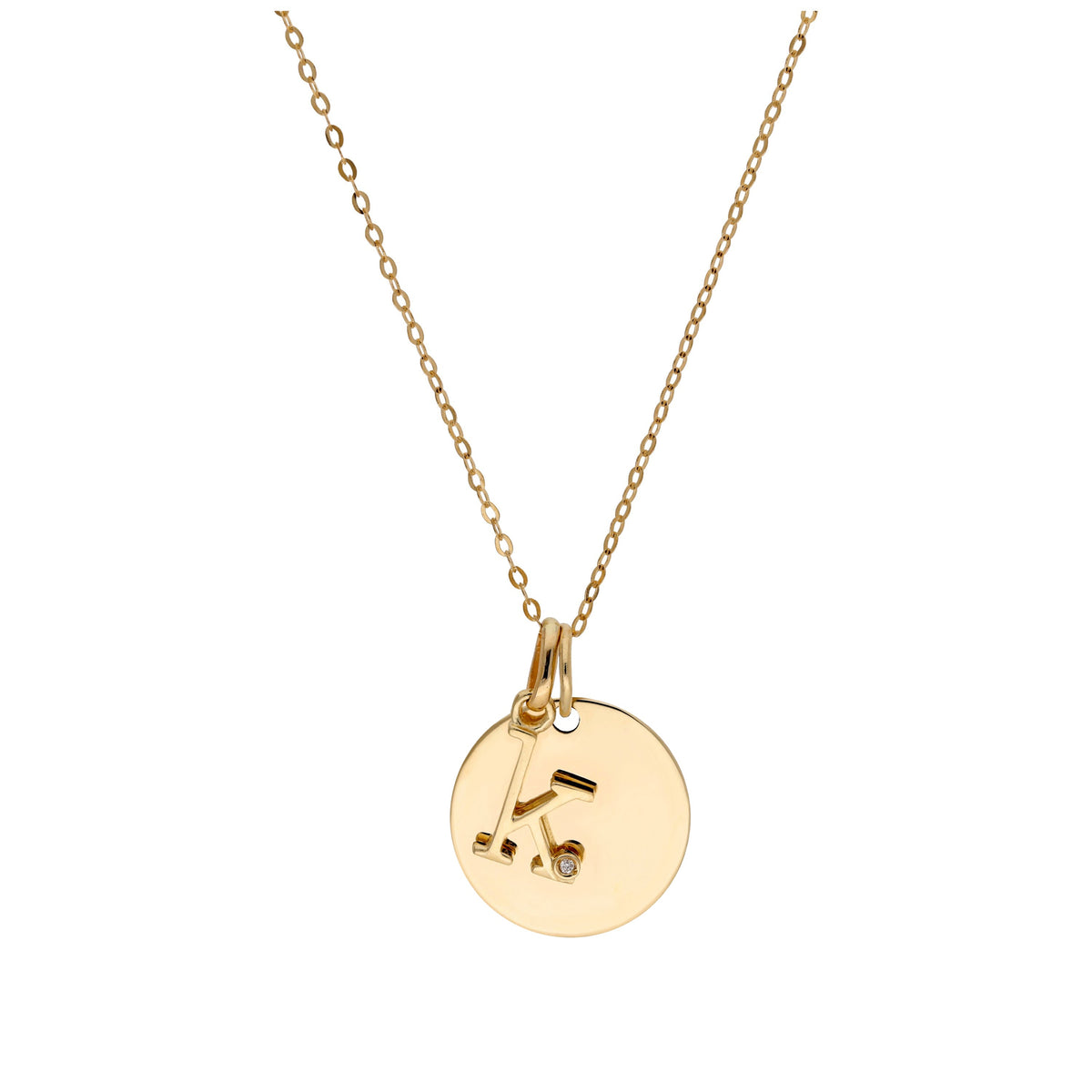 Collier en or 9 carats avec diamant 0,4 pt, lettre A à Z et médaille ronde à graver 40 - 50 cm