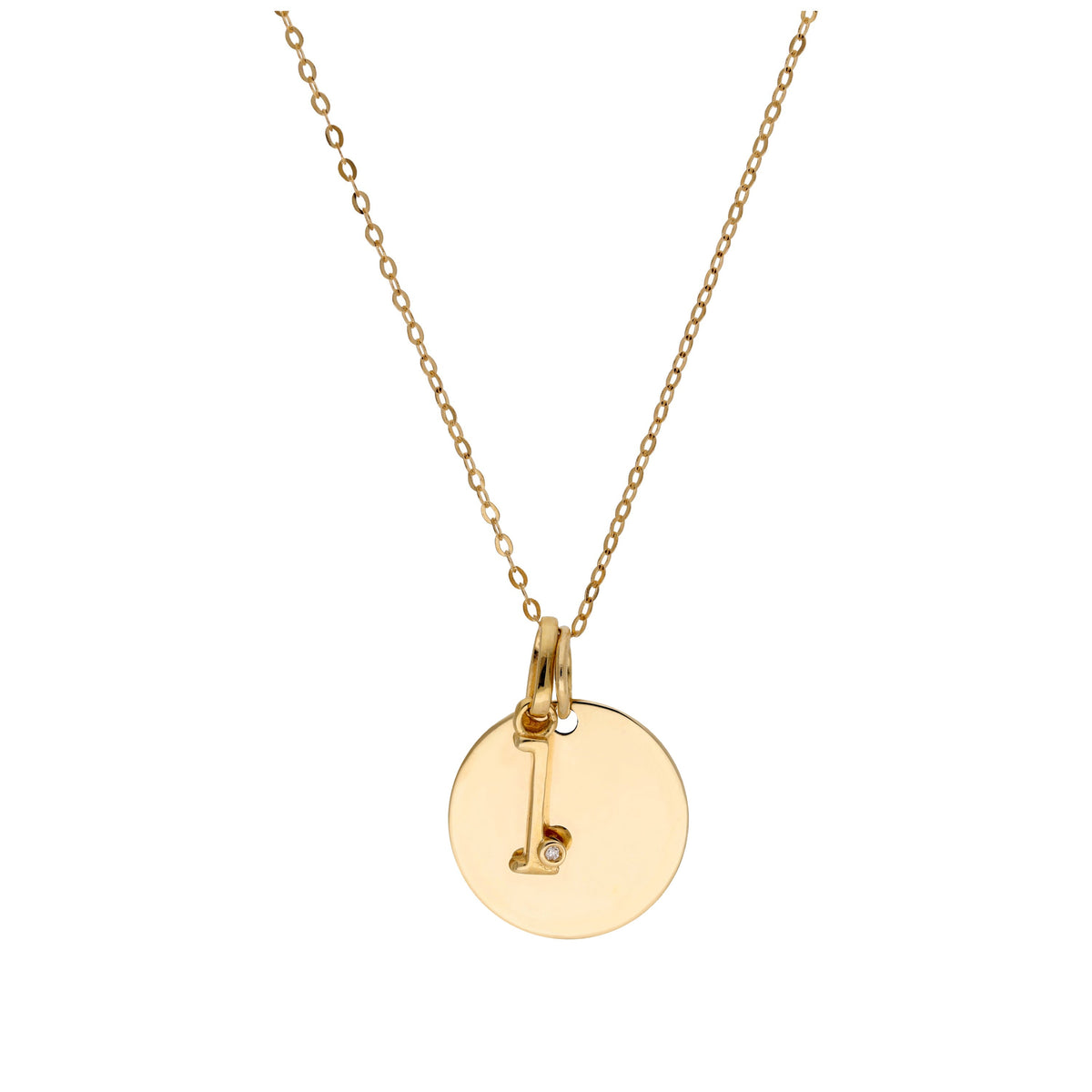 Collier en or 9 carats avec diamant 0,4 pt, lettre A à Z et médaille ronde à graver 40 - 50 cm