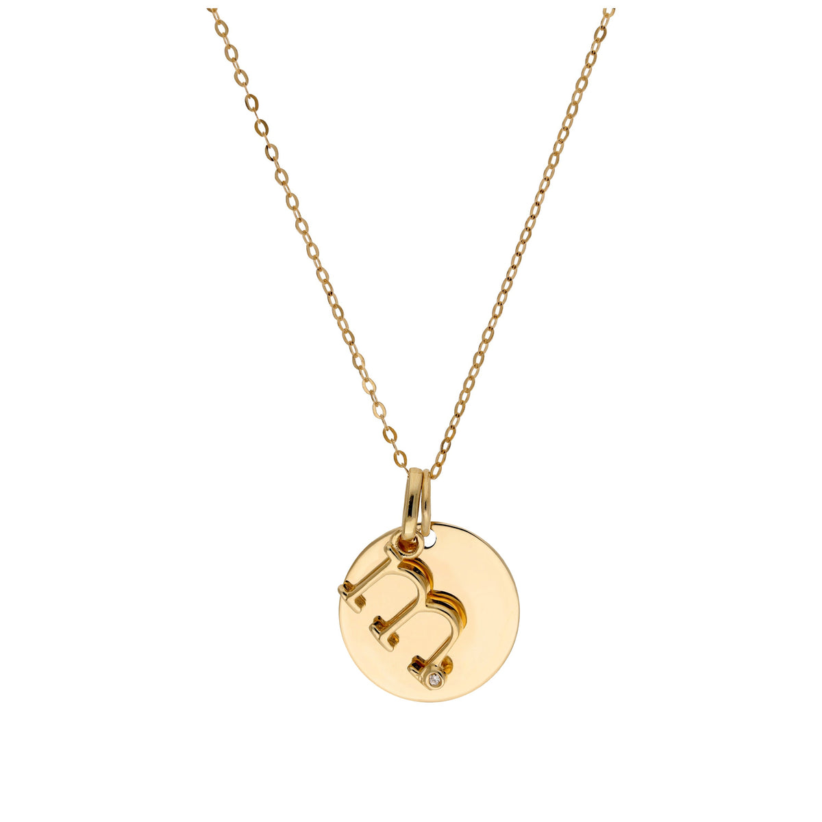 Collier en or 9 carats avec diamant 0,4 pt, lettre A à Z et médaille ronde à graver 40 - 50 cm