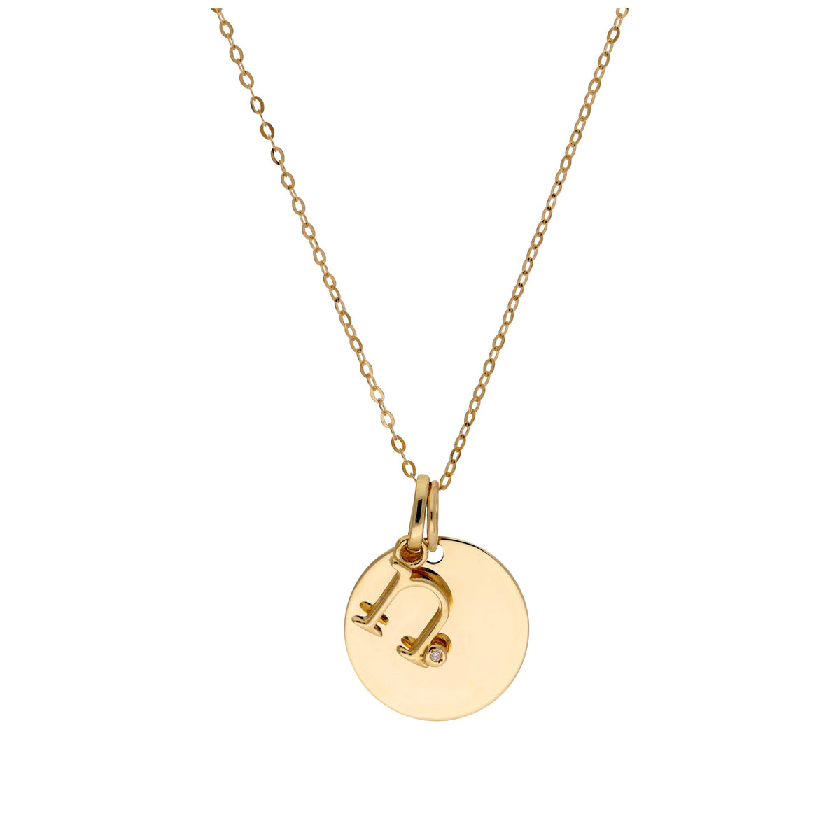 Collier en or 9 carats avec diamant 0,4 pt, lettre A à Z et médaille ronde à graver 40 - 50 cm