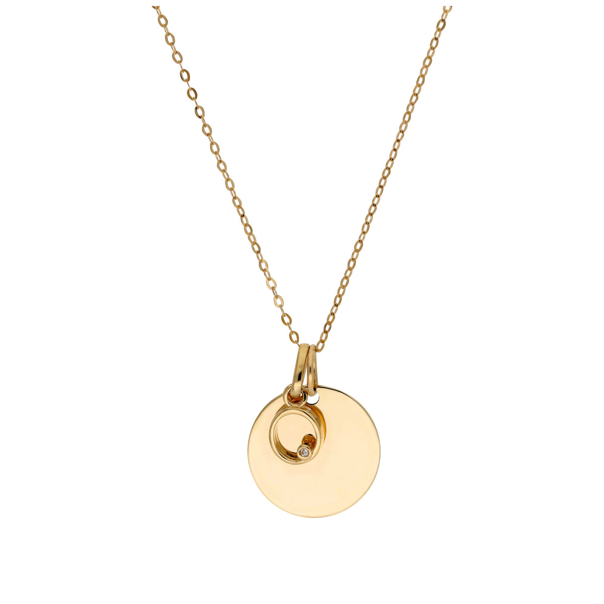 Collier en or 9 carats avec diamant 0,4 pt, lettre A à Z et médaille ronde à graver 40 - 50 cm