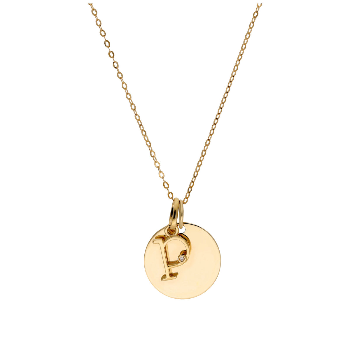 Collier en or 9 carats avec diamant 0,4 pt, lettre A à Z et médaille ronde à graver 40 - 50 cm