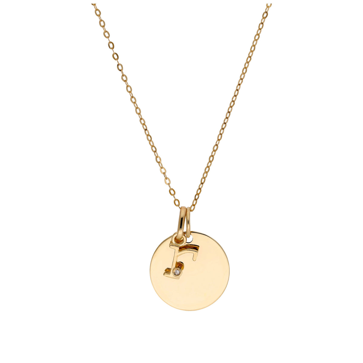 Collier en or 9 carats avec diamant 0,4 pt, lettre A à Z et médaille ronde à graver 40 - 50 cm