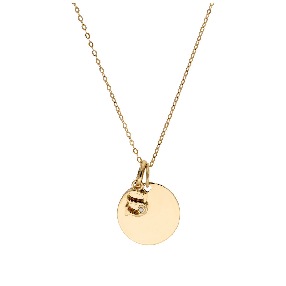 Collier en or 9 carats avec diamant 0,4 pt, lettre A à Z et médaille ronde à graver 40 - 50 cm