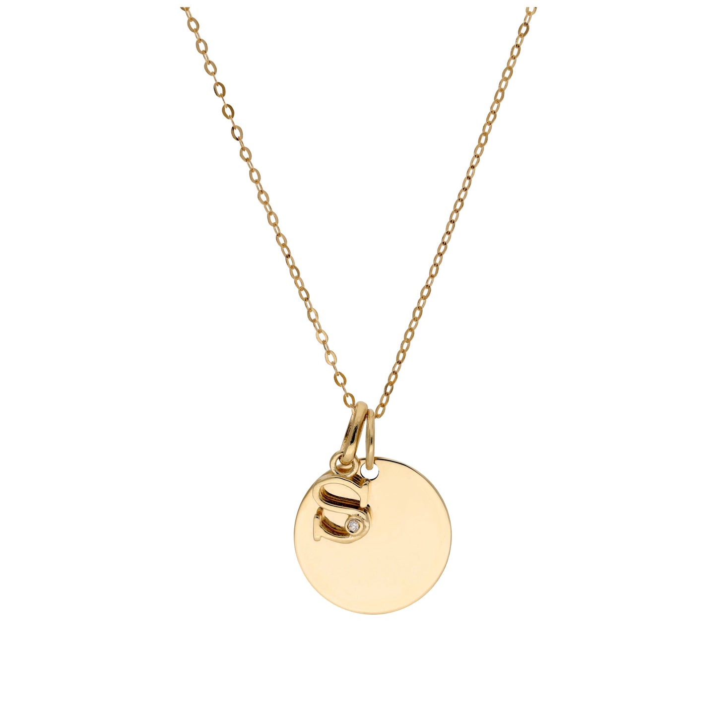 9ct Gold 0.4pts Diamond Letter A - Z & Engravable Round Tag Necklace 16 - 24 Inches