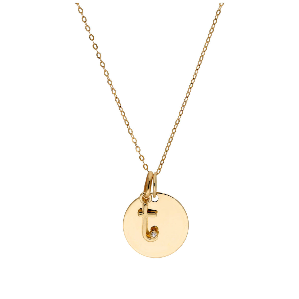 Collier en or 9 carats avec diamant 0,4 pt, lettre A à Z et médaille ronde à graver 40 - 50 cm