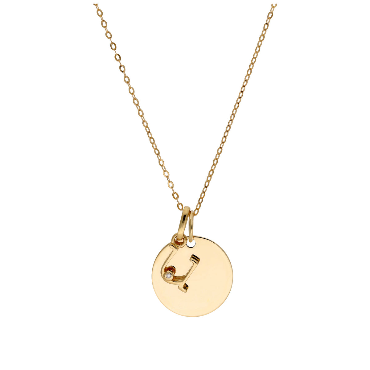 Collier en or 9 carats avec diamant 0,4 pt, lettre A à Z et médaille ronde à graver 40 - 50 cm