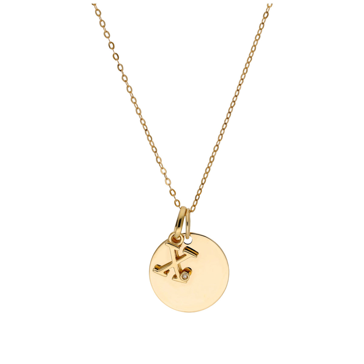 Collier en or 9 carats avec diamant 0,4 pt, lettre A à Z et médaille ronde à graver 40 - 50 cm