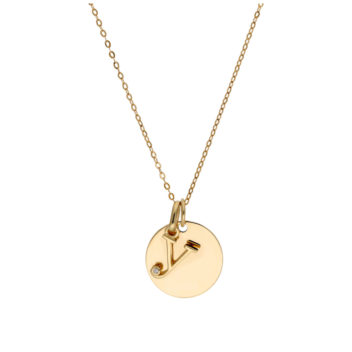 Collier en or 9 carats avec diamant 0,4 pt, lettre A à Z et médaille ronde à graver 40 - 50 cm