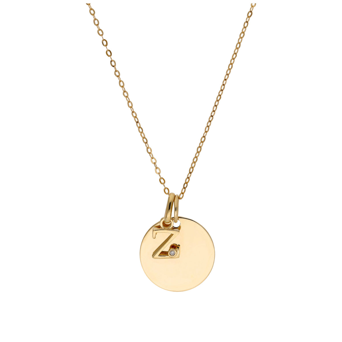Collier en or 9 carats avec diamant 0,4 pt, lettre A à Z et médaille ronde à graver 40 - 50 cm