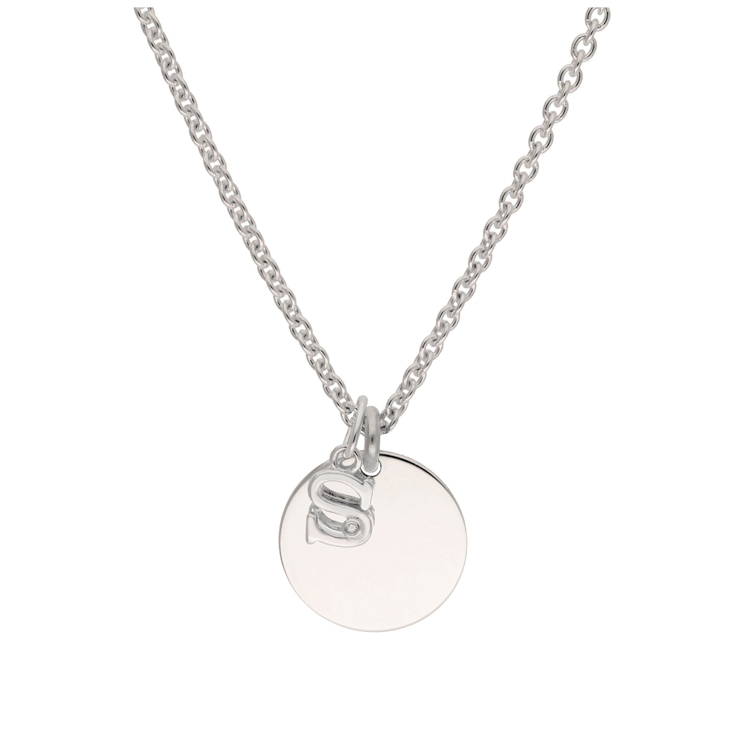 Sterling Silver 0.4pts Diamond Letter A - Z & Engravable Round Tag Necklace 16 - 24 Inches