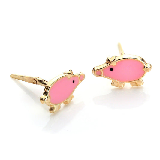 Boucles d'oreilles à tige en or jaune 9 carats avec motif cochon émaillé Andralok