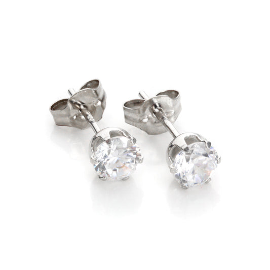 Boucles d'oreilles à tige rondes en or blanc 9 carats et cristal transparent de 5 mm