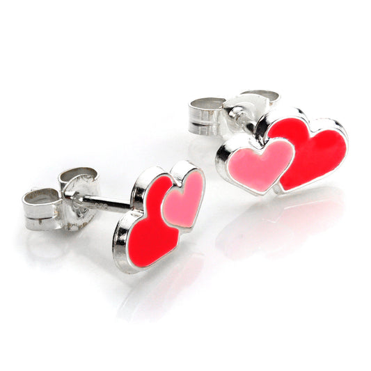 Boucles d'oreilles à tige en argent sterling émaillé en forme de double cœur