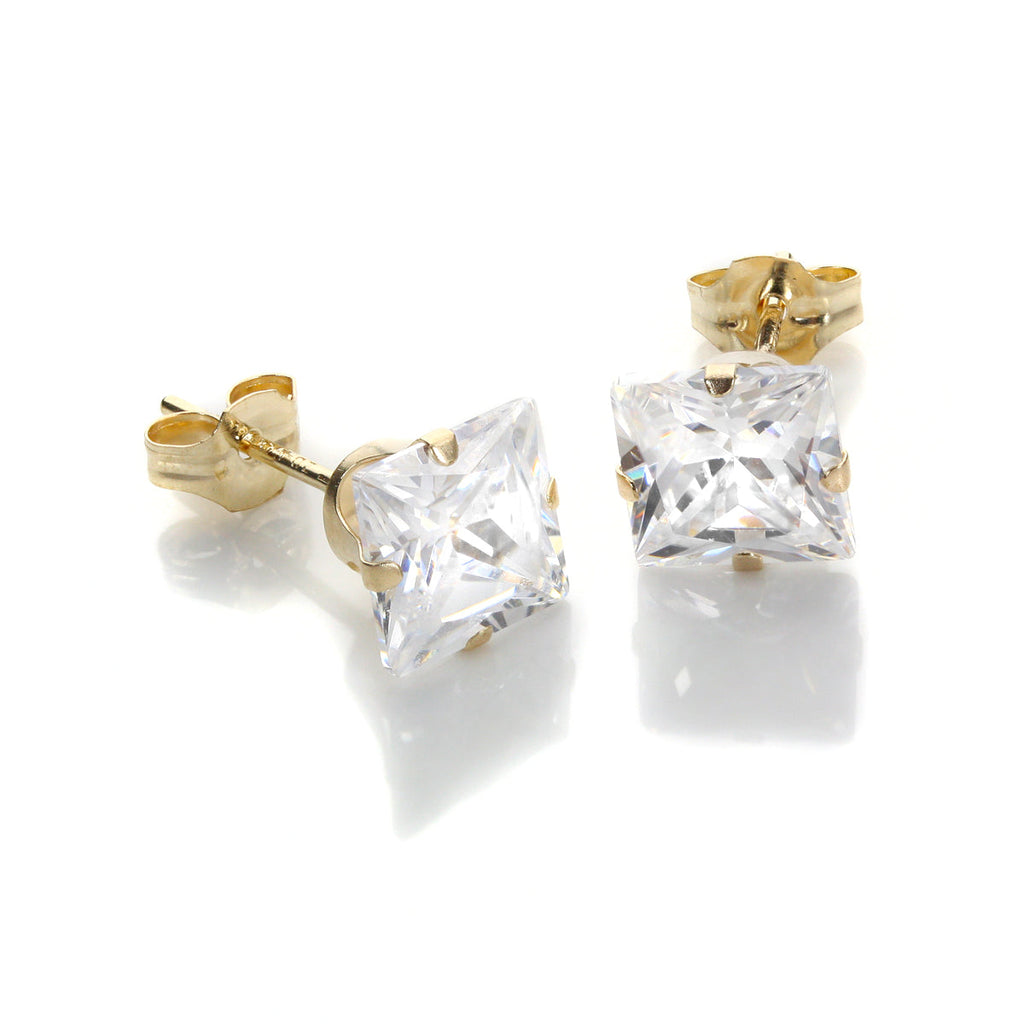 Boucles d'oreilles à tige carrées en or jaune 9 carats et zircones cubiques de 6 mm