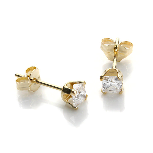 Boucles d'oreilles à tige carrées en or jaune 9 carats avec zircones cubiques transparents de 3 mm