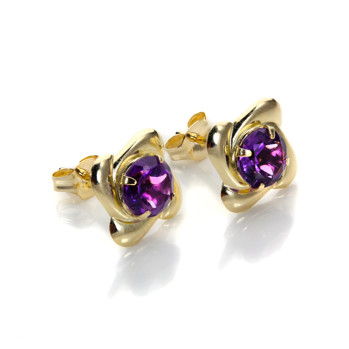 Boucles d'oreilles rondes en or jaune 9 carats avec améthyste de 5 mm