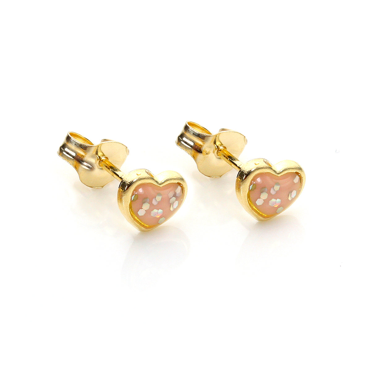 Boucles d'oreilles à tige en or jaune 9 carats, cœur émaillé et pailleté
