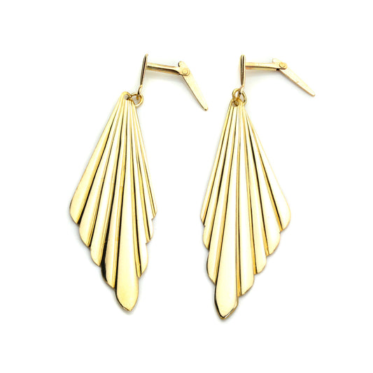 Boucles d'oreilles pendantes en forme d'éventail rainuré Art déco en or jaune 9 carats Andralok