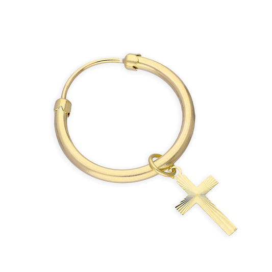 Boucle d'oreille créole épaisse en or jaune 9 carats avec croix