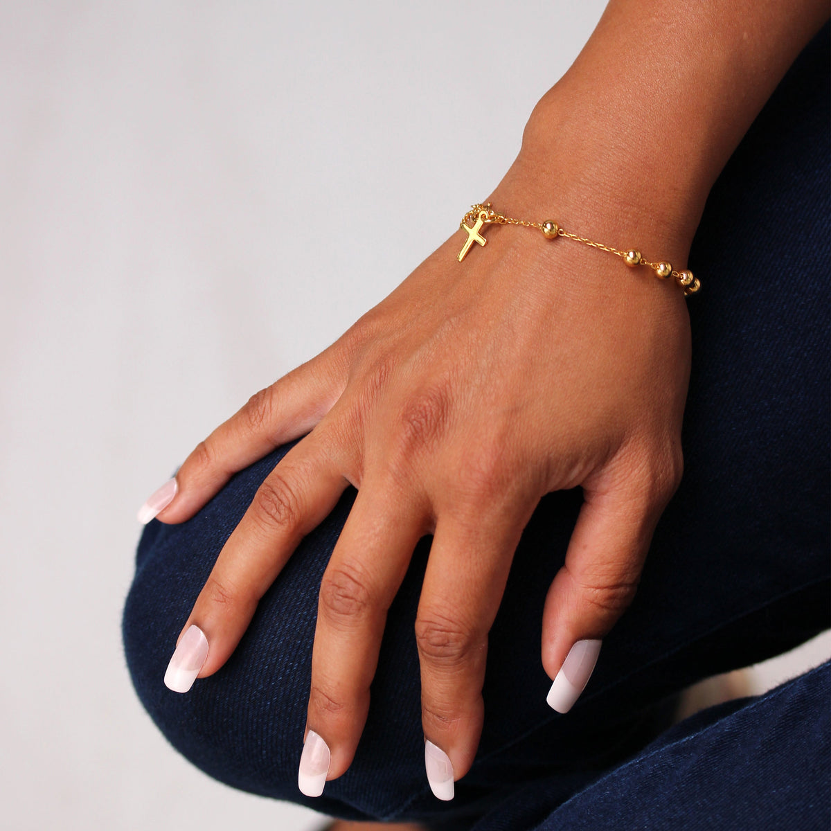 Bracelet chapelet en argent sterling plaqué or massif – 16,5 cm + rallonge de 2,5 cm