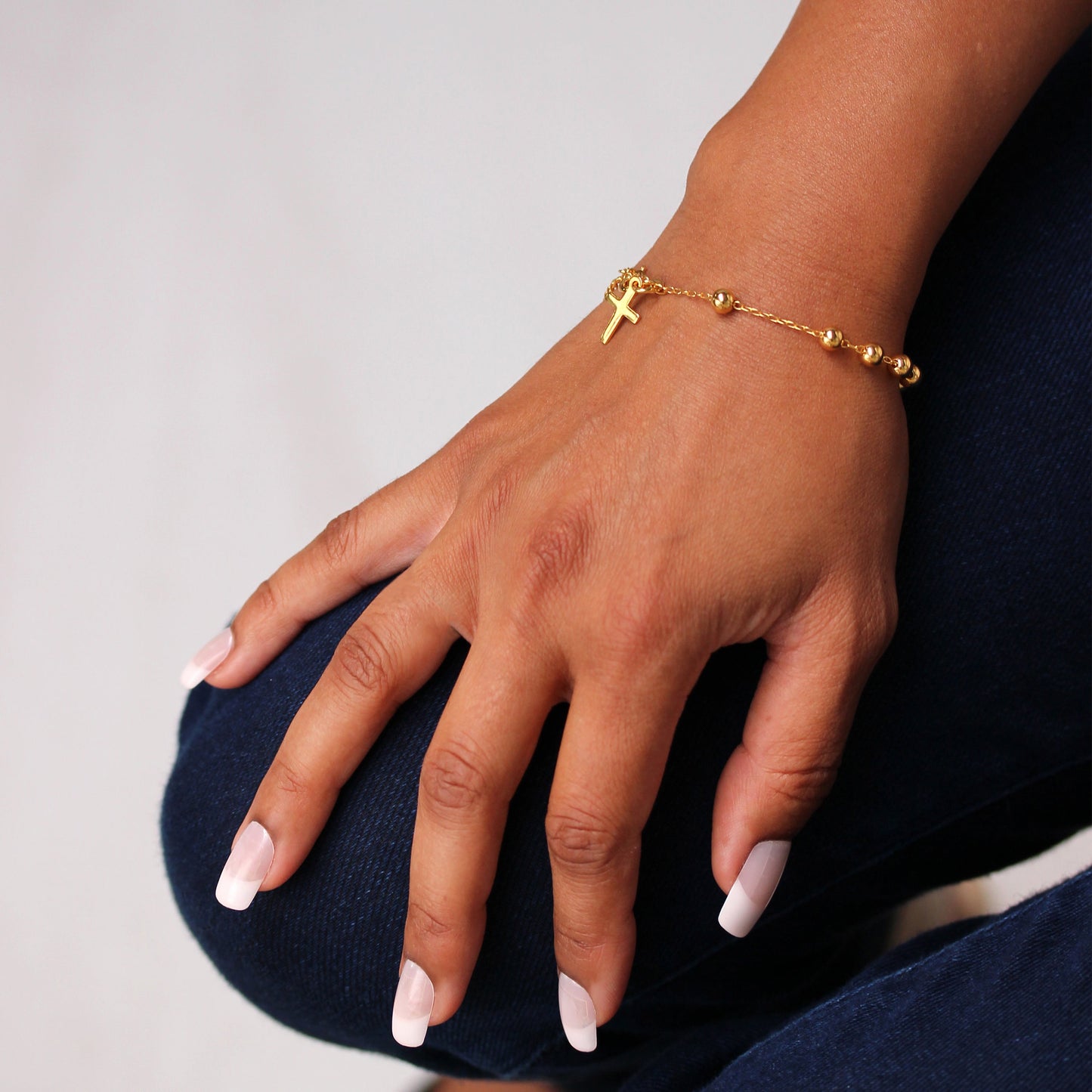 Bracelet chapelet en argent sterling plaqué or massif – 16,5 cm + rallonge de 2,5 cm