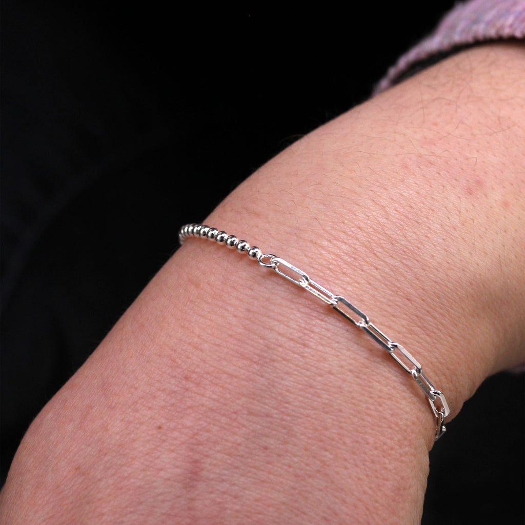 Bracelet chaîne à billes trombone en argent sterling avec barre en T