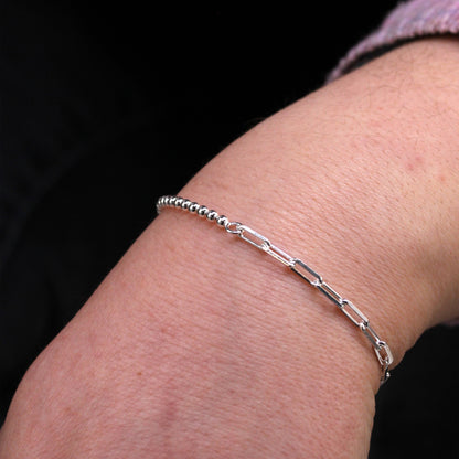 Bracelet chaîne à billes trombone en argent sterling avec barre en T