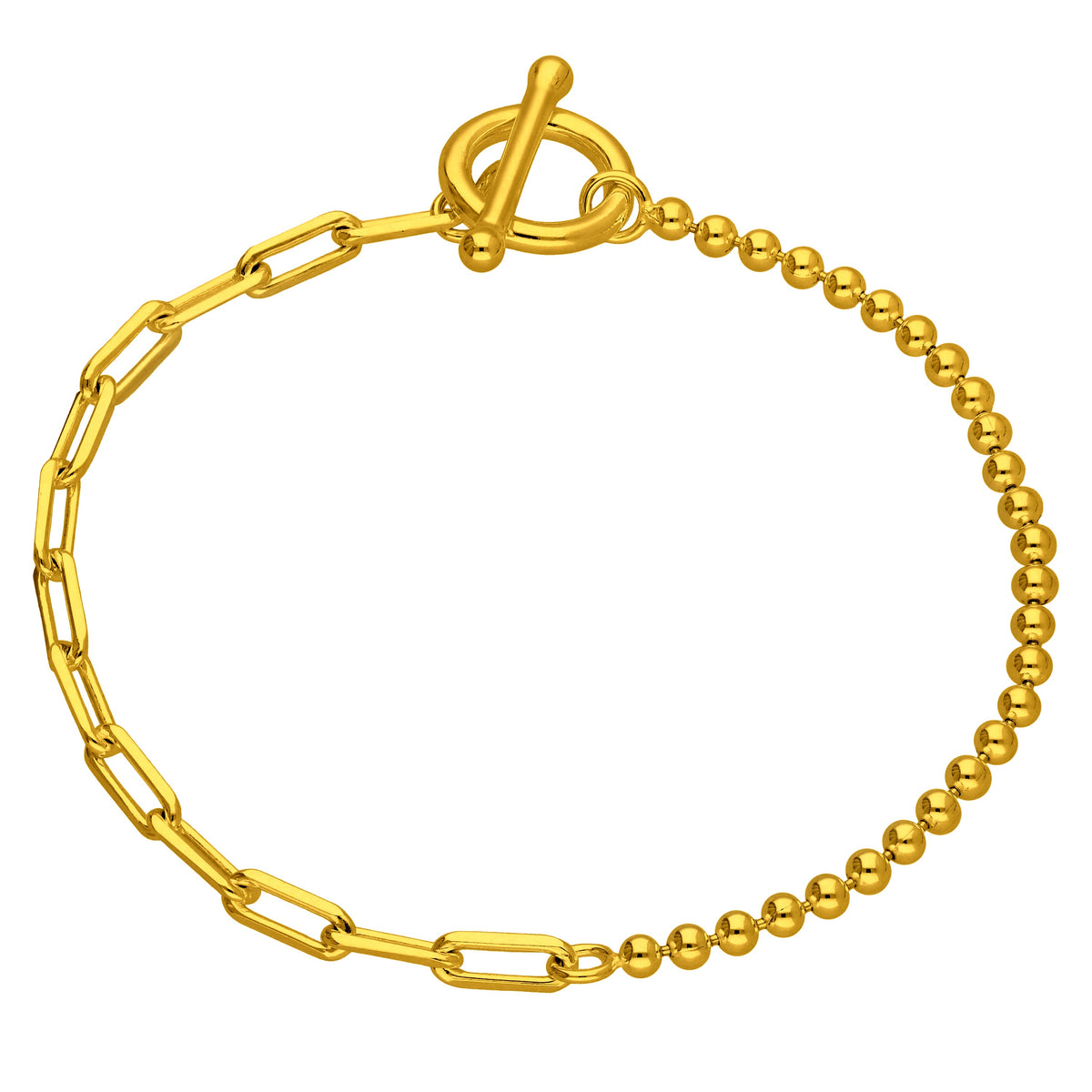 Bracelet chaîne à billes en argent sterling plaqué or avec barre en T et trombone