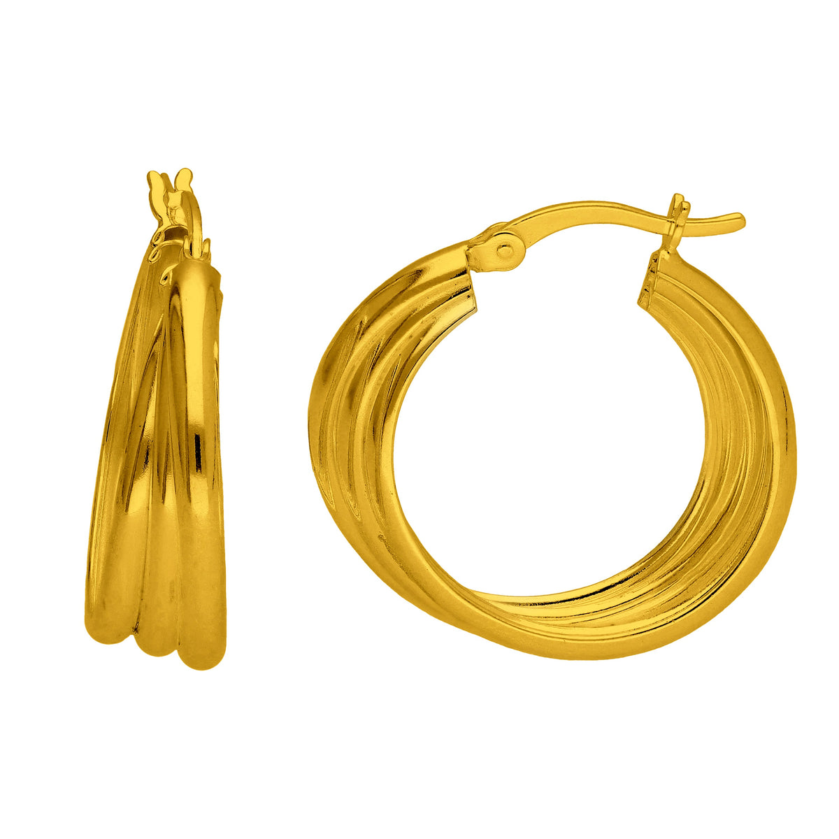 Boucles d'oreilles créoles en argent sterling plaqué or avec triple torsion ronde et corde entrelacée