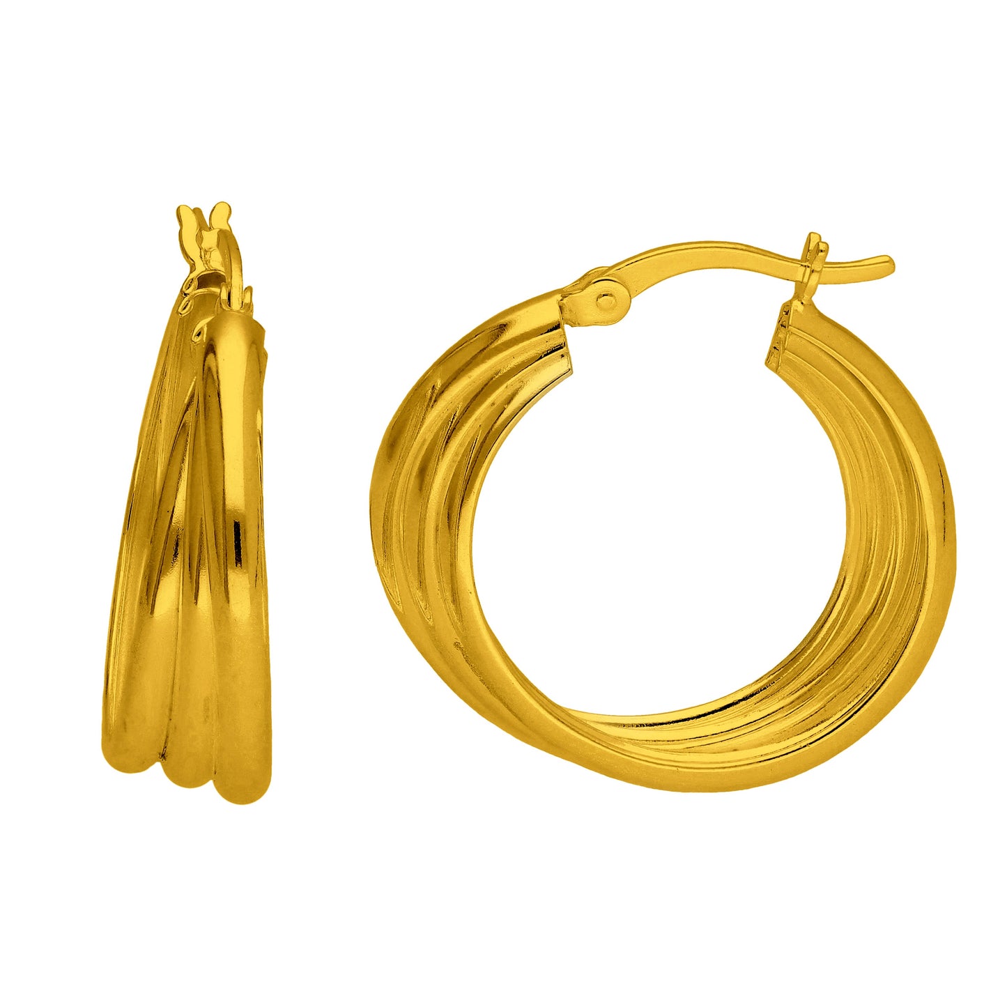 Boucles d'oreilles créoles en argent sterling plaqué or avec triple torsion ronde et corde entrelacée