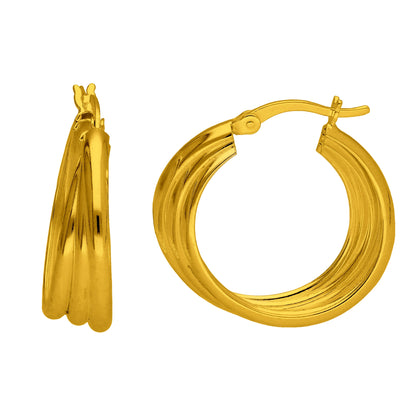 Boucles d'oreilles créoles en argent sterling plaqué or avec triple torsion ronde et corde entrelacée