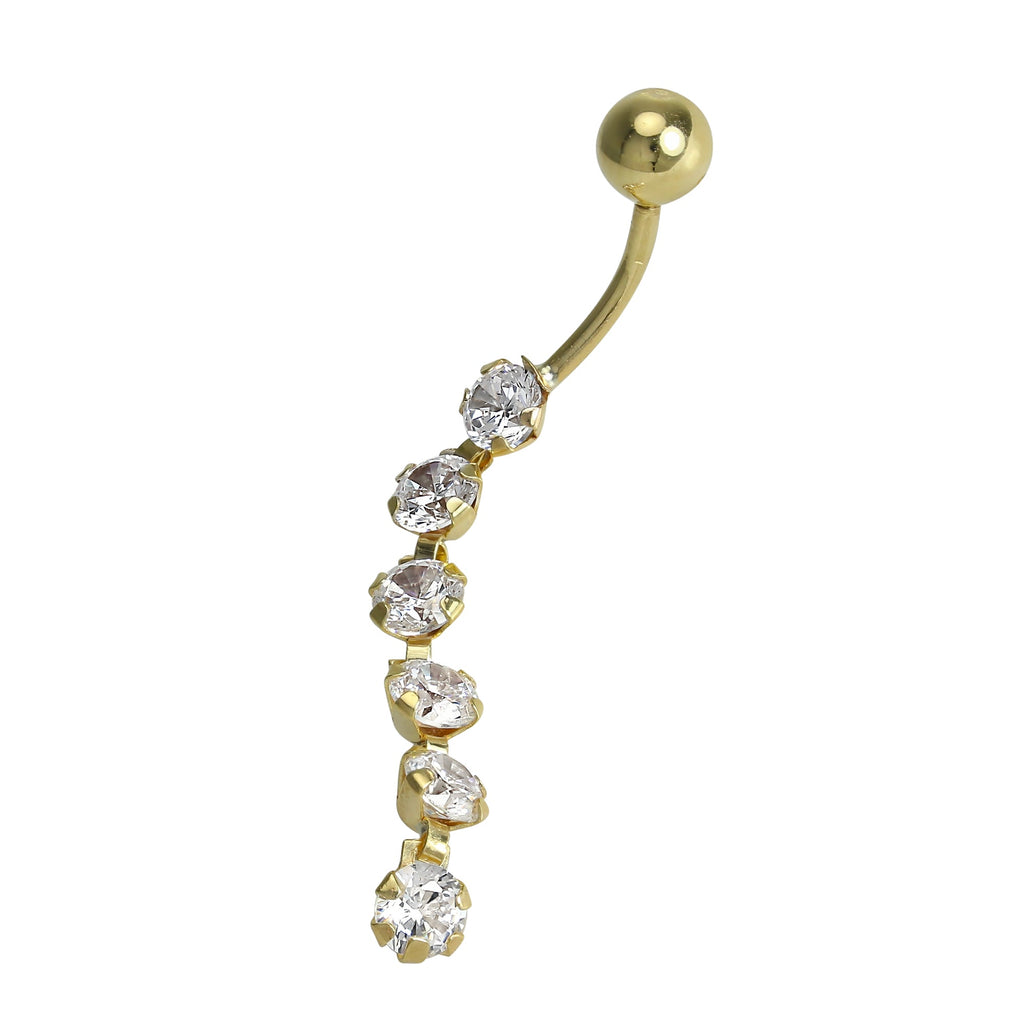 Piercing nombril en or 9 carats avec 6 cristaux ronds en oxyde de zirconium transparent