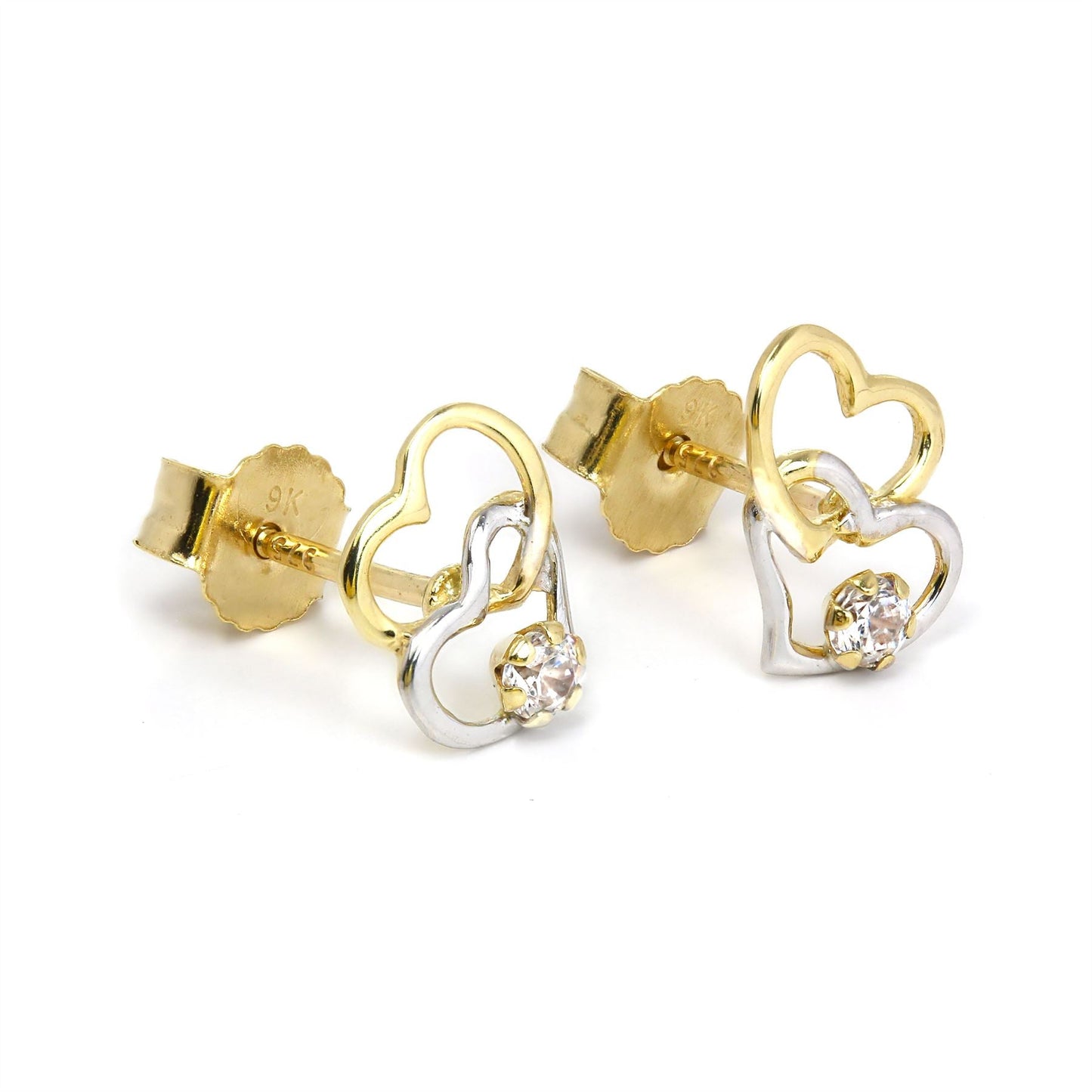 Boucles d'oreilles à tige en or jaune et blanc 9 carats avec cœur ouvert et cristal CZ