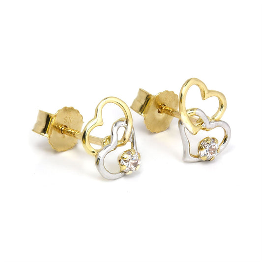 Boucles d'oreilles à tige en or jaune et blanc 9 carats avec cœur ouvert et cristal CZ